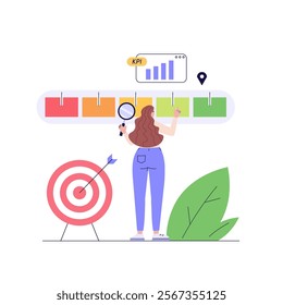 KPI illustration. Key Performance Indicator concept. Businessman measuring business result. Quality analysis and control. KPI measurement to evaluate success. Vector flat cartoon design