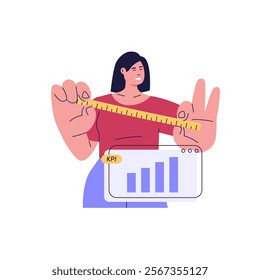 KPI illustration. Key Performance Indicator concept. Businessman measuring business result. Quality analysis and control. KPI measurement to evaluate success. Vector flat cartoon design