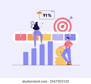 KPI illustration. Key Performance Indicator concept. Businessman measuring business result. Quality analysis and control. KPI measurement to evaluate success. Vector flat cartoon design