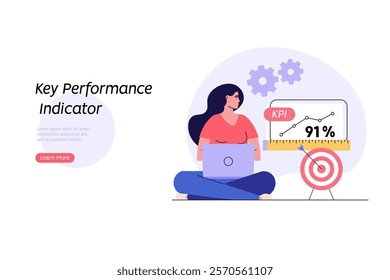 KPI illustration. Key Performance Indicator concept. Businessman measuring business result. Quality analysis and control. KPI measurement to evaluate success. Vector flat cartoon design