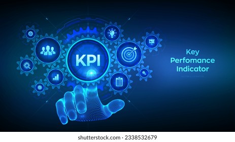 KPI. Schlüsselindikatoren Business and Industrial Analysis Technology Concept auf Virtual Screen. Wireframe Hand, die digitale Schnittstelle mit verbundenen Zahnräder Cogs und Symbole berührt. Vektorgrafik