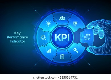 KPI. Schlüsselindikatoren Business and Industrial Analysis Technology Concept auf Virtual Screen. Wireframe-Hand legt ein Element in eine Komposition, die KPI visualisiert. Vektorgrafik.