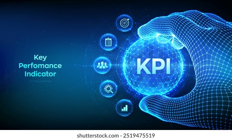 KPI. Key performance indicator business industrial analysis technology concept in the shape of polygonal sphere in wireframe hand. Data analytics. Business Intelligence metrics. Vector illustration.