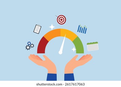 KPI key performance indicator, businessman hand with KPI performance gauge scale.