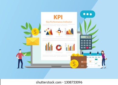 Kpi Key Performance Indicator Concept With Business Report Graphic And People Team - Vector Illustration