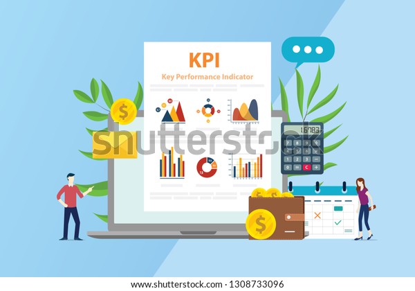 kpi key performance indicator concept with business report graphic and people team - vector illustration