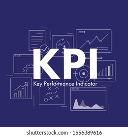 KPI (Key Performance Indicator) - graphic design with typography, graph, chart, list, cog and customer icons. Pattern of related elements on the background. Flat vector illustration