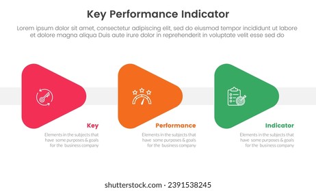 kpi key performance indicator infographic 3 point stage template with triangle arrow right direction for slide presentation