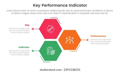 kpi key performance indicator infographic 3 point stage template with hexagon or hexagonal shape vertical stack for slide presentation