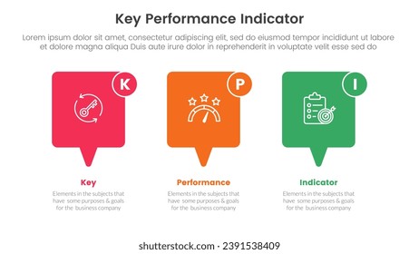 kpi key performance indicator infographic 3 point stage template with horizontal callout box for slide presentation