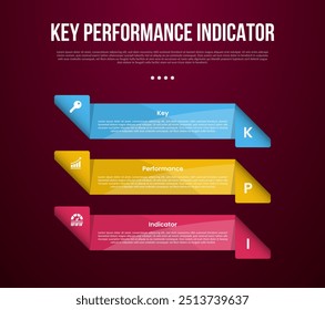 Modelo infográfico de KPI ou indicador chave de desempenho com caixa retangular criativa com borda dobrável na pilha vertical com estilo de plano de fundo escuro com 3 pontos para vetor de apresentação de slide