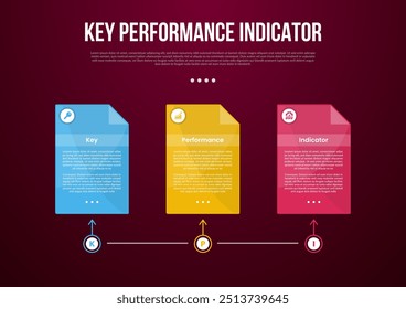 KPI or key performance indicator infographic template with box container on timeline linked connection with dark background style with 3 point for slide presentation vector