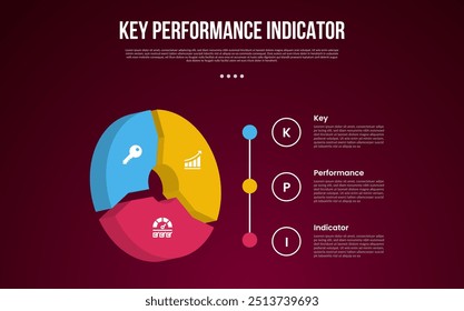 Modelo de infográfico de KPI ou indicador chave de desempenho com forma de gráfico circular circular de ciclo 3d com estilo de plano de fundo escuro com 3 pontos para vetor de apresentação de slide