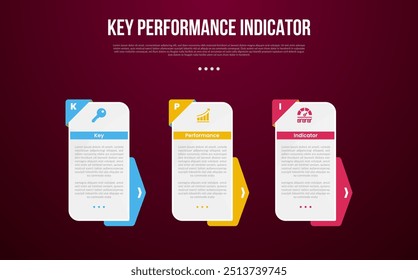 Modelo de infográfico de KPI ou indicador chave de desempenho com caixa de retângulo vertical e fundo de emblema de seta com estilo de plano de fundo escuro com 3 pontos para vetor de apresentação de slide