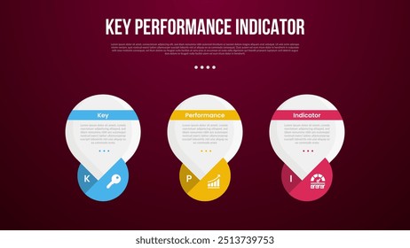 KPI or key performance indicator infographic template with big round circle water bubble with dark background style with 3 point for slide presentation vector