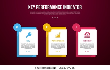KPI or key performance indicator infographic template with big rectangle box with layer stack and circle badge on top with dark background style with 3 point for slide presentation vector