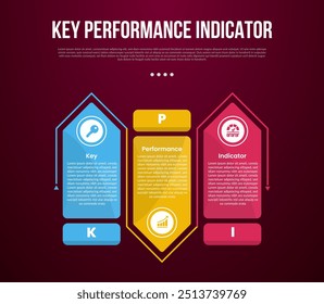 KPI or key performance indicator infographic template with big rectangle arrow up and down with outline circular with dark background style with 3 point for slide presentation vector
