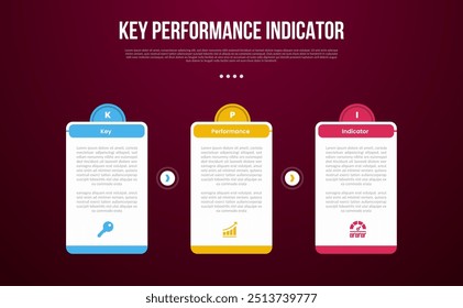 KPI or key performance indicator infographic template with big table box with creative half circle at top with dark background style with 3 point for slide presentation vector