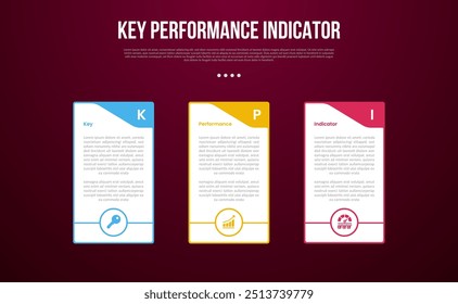 Plantilla de infografía de indicador de rendimiento clave o KPI con contenedor de mesa grande con encabezado de remolino y fondo de círculo de contorno con estilo de fondo oscuro con 3 puntos para Vector de presentación de diapositivas