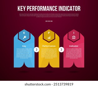 KPI or key performance indicator infographic template with creative vertical box container with sharp header on horizontal direction with arrow