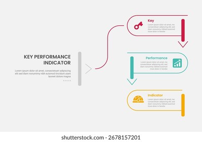 KPI key performance indicator infographic outline style with round rectangle line with slice and arrow bottom direction 3 point template with for slide presentation vector