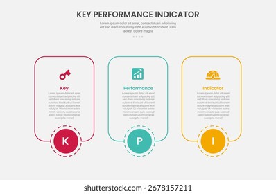 Indicador de rendimiento clave KPI estilo de contorno de infografía con caja de contenedor de rectángulo redondo con centro circular en la parte inferior Plantilla de 3 puntos con para Vector de presentación de diapositivas