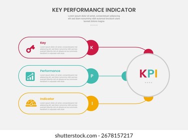 KPI key performance indicator infographic outline style with round rectangle container connection with big circle 3 point template with for slide presentation vector