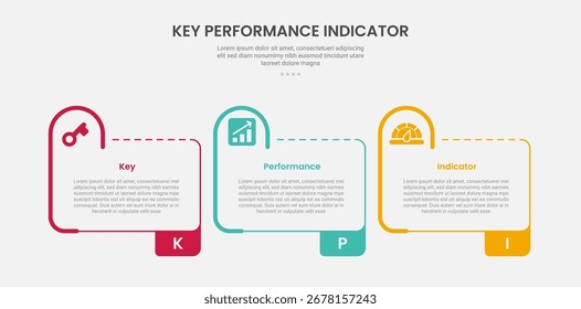 Estilo de contorno infográfico do indicador chave de desempenho do KPI com caixa de tabela criativa com semicírculo redondo no cabeçalho 3 modelo de ponto com para vetor de apresentação de slide