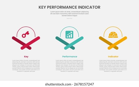 KPI indicador chave de desempenho infográfico estilo de contorno com semicírculo e criativo x rodapé 3 modelo de ponto com para vetor de apresentação de slide
