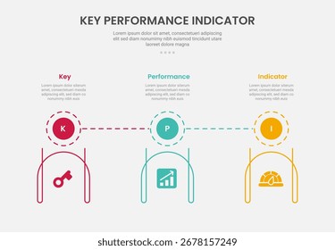 KPI key performance indicator infographic outline style with circle badge on top and creative line container at bottom 3 point template with for slide presentation vector