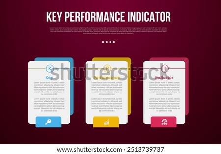 KPI or key performance indicator infographic template with creative box with outline circle on top with dark background style with 3 point for slide presentation vector