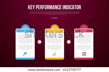 KPI or key performance indicator infographic template with big table box with creative half circle at top with dark background style with 3 point for slide presentation vector