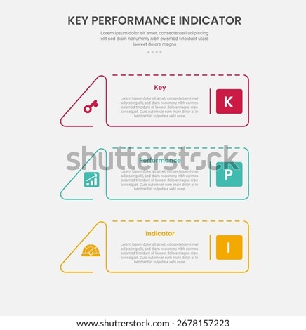 KPI key performance indicator infographic outline style with creative rectangle with triangle edge 3 point template with for slide presentation vector