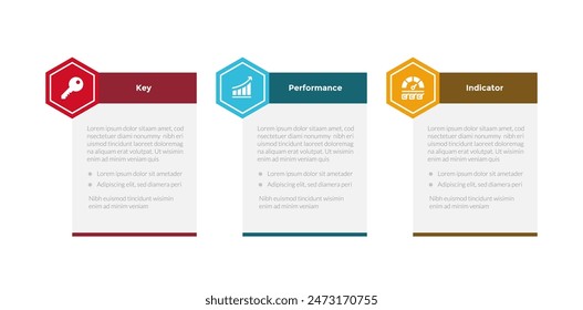 KPI key performance indicator infographics template diagram with hexagon table box header with 3 point step design for slide presentation vector