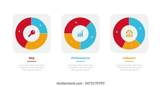 KPI key performance indicator infographics template diagram with outline piechart inside box with 3 point step design for slide presentation vector