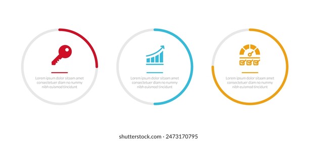 KPI Key Performance Indicator Infografik Vorlage Diagramm mit Piechart Prozentsatz Fortschrittszyklus auf Kreis mit 3-Punkt-Stufendesign für Diapräsentations-Vektorgrafik