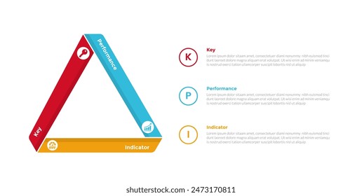 KPI Key Performance Indicator Infografik Vorlage Diagramm mit Dreiecksform auf der linken Seite mit 3-Punkt-Design für Slide Presentation Vektorgrafik