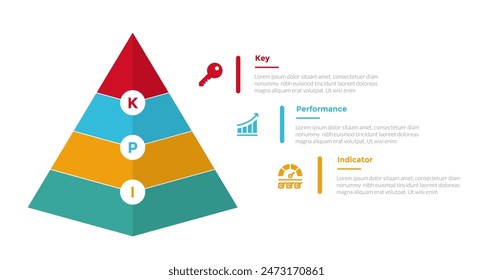 KPI key performance indicator infographics template diagram with pyramid shape on left with 3 point step design for slide presentation vector