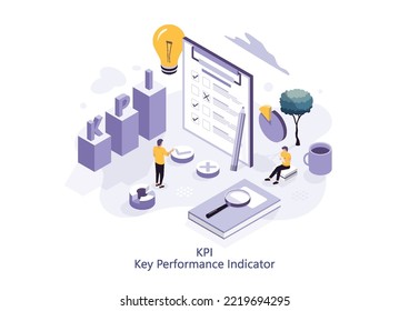 Indicador de rendimiento de clave KPI. Concepto isométrico de estrategia y análisis de rendimiento empresarial. Puede usarse para banner web, infografías. Ilustrador de vectores.