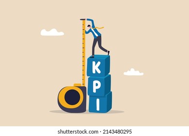 KPI, key performance indicator measurement to evaluate success or meet target, metric or data to review and improve business concept, businessman standing on top of KPI box measuring performance.