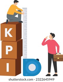 KPI, Key performance indicator measurement to evaluate success or meet target, Metric or data to review and improve business, Standing on top of KPI box measuring performance

