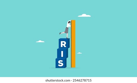 KPI, medição do indicador chave de desempenho para avaliar a ilustração do sucesso comercial com o conceito de empresária que está medindo uma pilha de caixas de KPI para medir o desempenho comercial