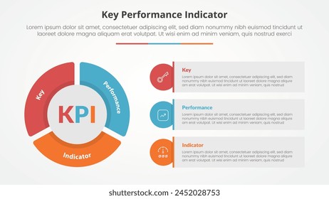 KPI key performance indicator model infographic concept for slide presentation with big pie chart shape and round rectangle box with 3 point list with flat style vector