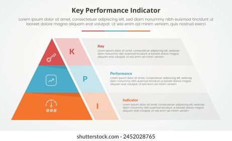KPI key performance indicator model infographic concept for slide presentation with pyramid shape and transparent container box with 3 point list with flat style vector