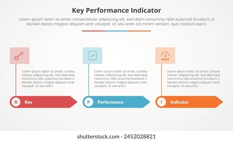 KPI key performance indicator model infographic concept for slide presentation with rectangle arrow and banner on header top with 3 point list with flat style vector