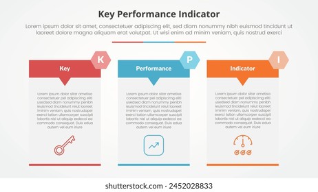 KPI key performance indicator model infographic concept for slide presentation with big table arrow header badge with 3 point list with flat style vector