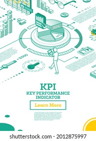 KPI Key Performance Indicator. Vector Illustration. Isometric Concept of Business Performance Strategy and Analysis. Outline Infographic Charts Isolated on White. The Efficiency of Company.