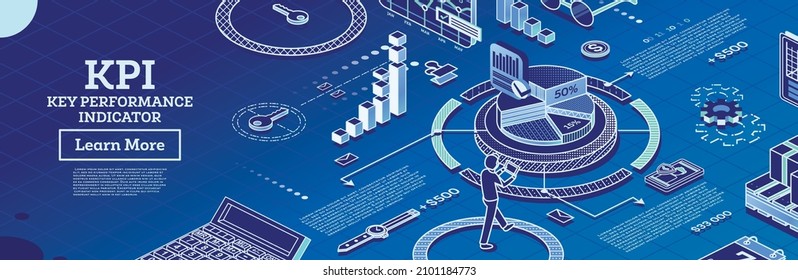 KPI Key Performance Indicator. Vector Illustration. Isometric Concept of Business Performance Strategy and Analysis. Infographic Charts on Blue Background. The Efficiency of Company.