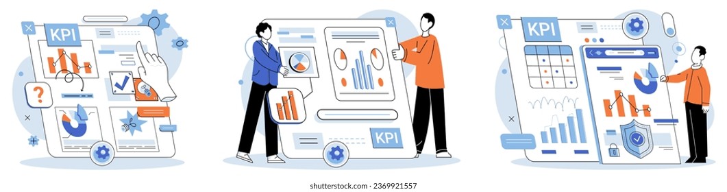 Indicador de rendimiento de clave KPI. Ilustración vectorial. La información y las métricas son clave en cualquier tablero de indicadores de rendimiento Los beneficios de la estrategia de administración de los indicadores de rendimiento Medición controlada por datos