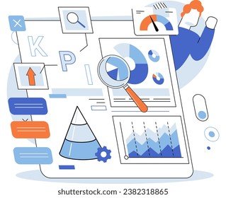 Indicador de rendimiento de clave KPI. Ilustración vectorial. Las estadísticas son fundamentales en la medición y el análisis de los indicadores clave de rendimiento La planificación de los objetivos se basa en gran medida en indicadores clave de rendimiento Un informe sobre la evolución de las mediciones empresariales